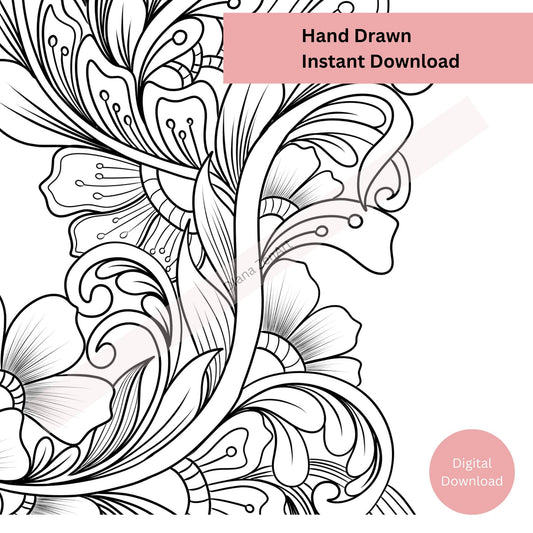 Feminine Botanical Line Art PNG PDF – Zentangle Style