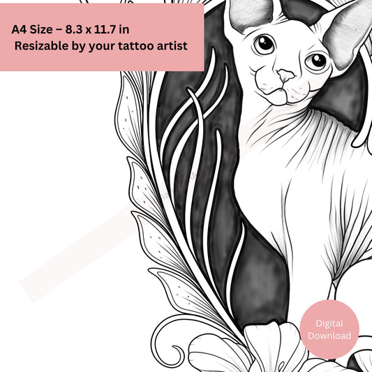 Sphynx Cat Tattoo – Hand-drawn Floral Line Art