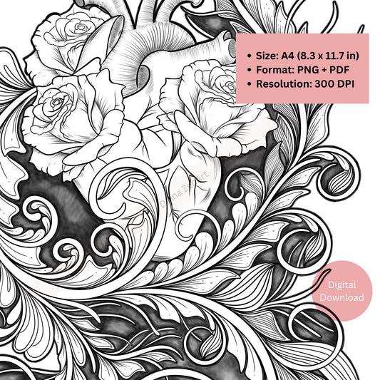 Anatomical Heart and Roses Tattoo Design