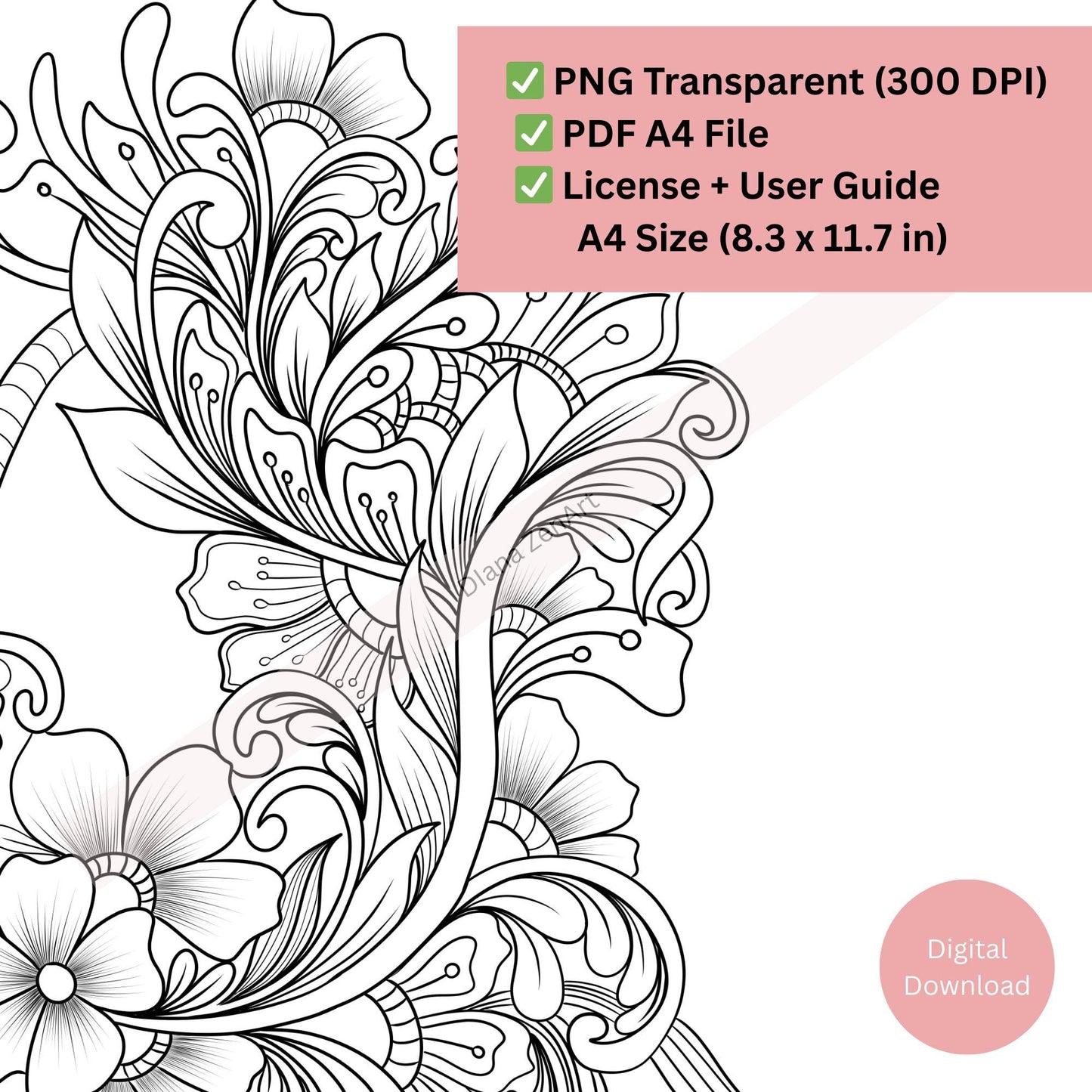 Feminine Botanical Line Art PNG PDF – Zentangle Style