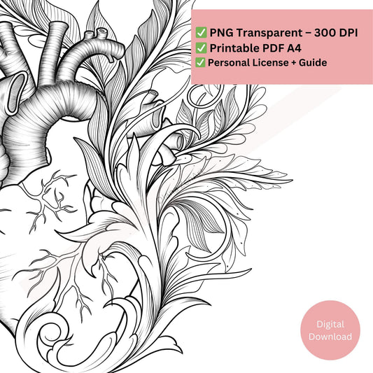 Anatomical Heart Tattoo Design – Floral Line Art