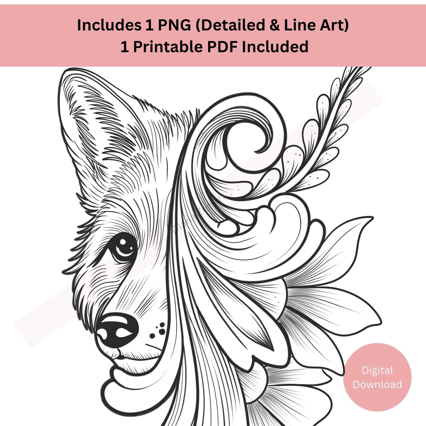 Hand-Drawn Ornamental Fox Animal & Floral Line Art