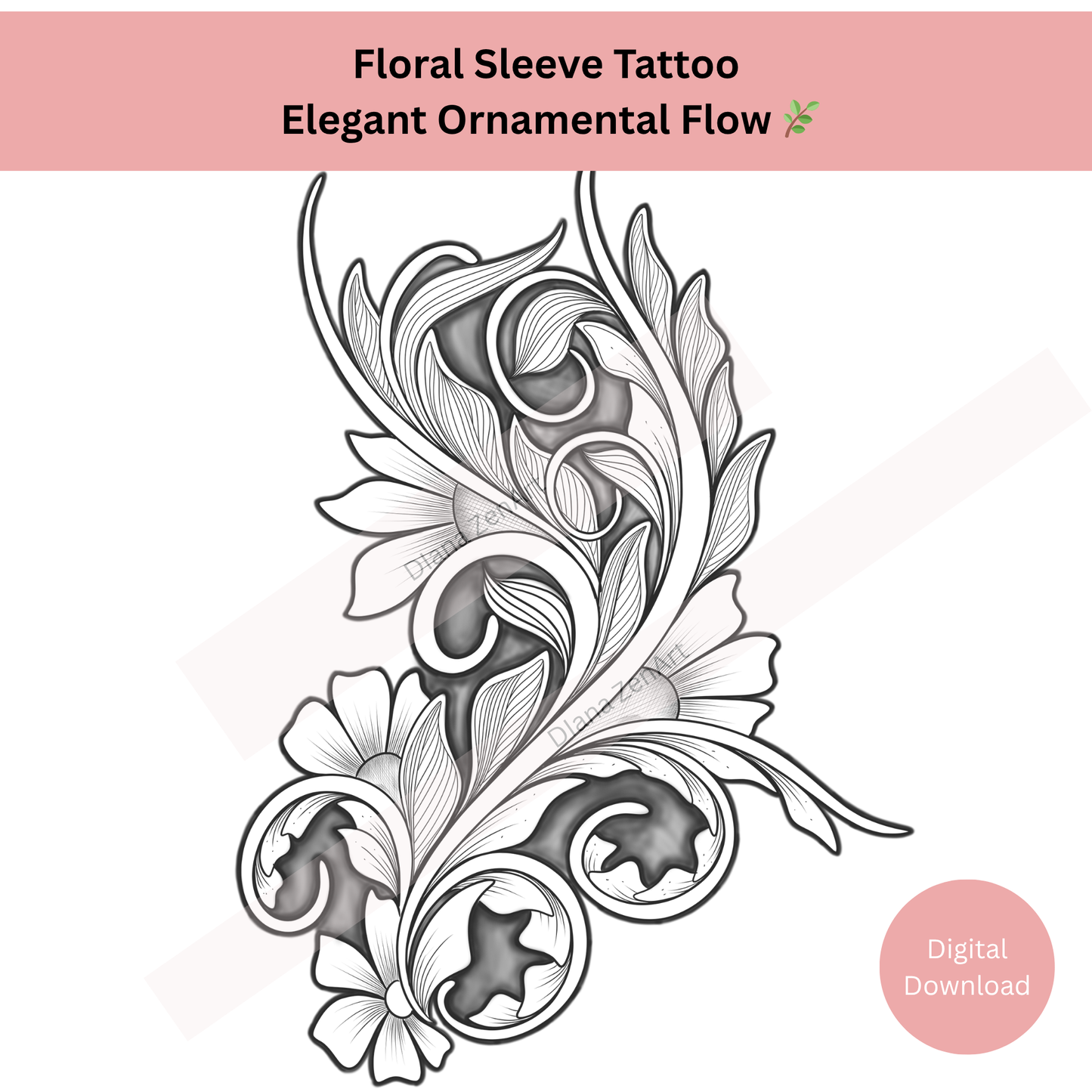 Floral Sleeve Tattoo Design β’ Vertical Botanical Tattoo Flash β’ Digital Download PNG PDF