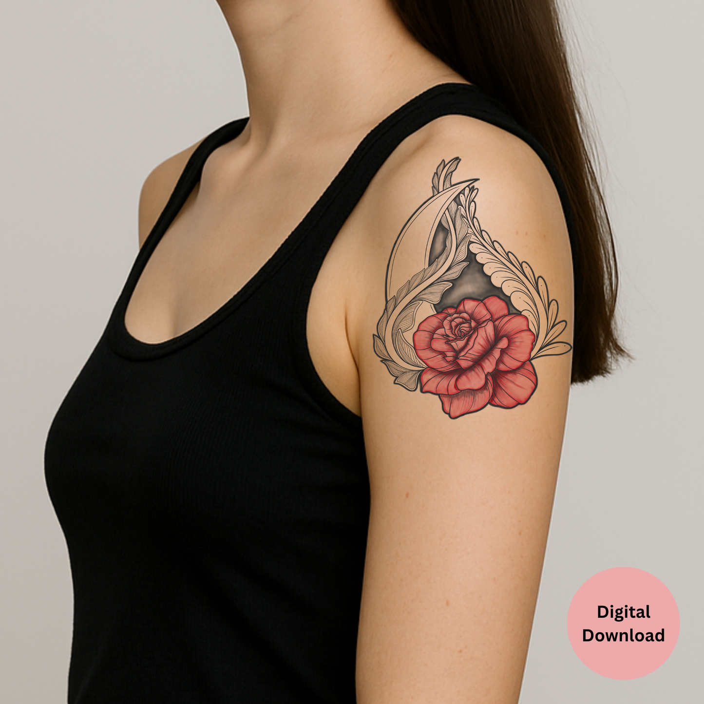 Hand Drawn Ornamental Rose Tattoo Design with Moon