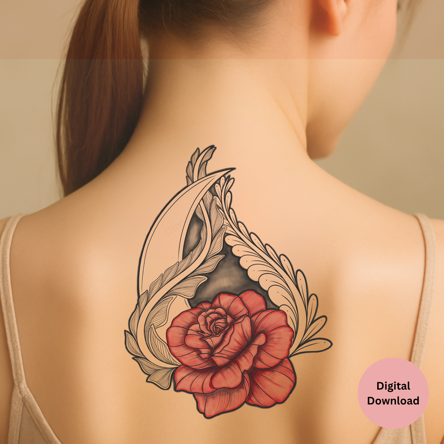 Hand Drawn Ornamental Rose Tattoo Design with Moon