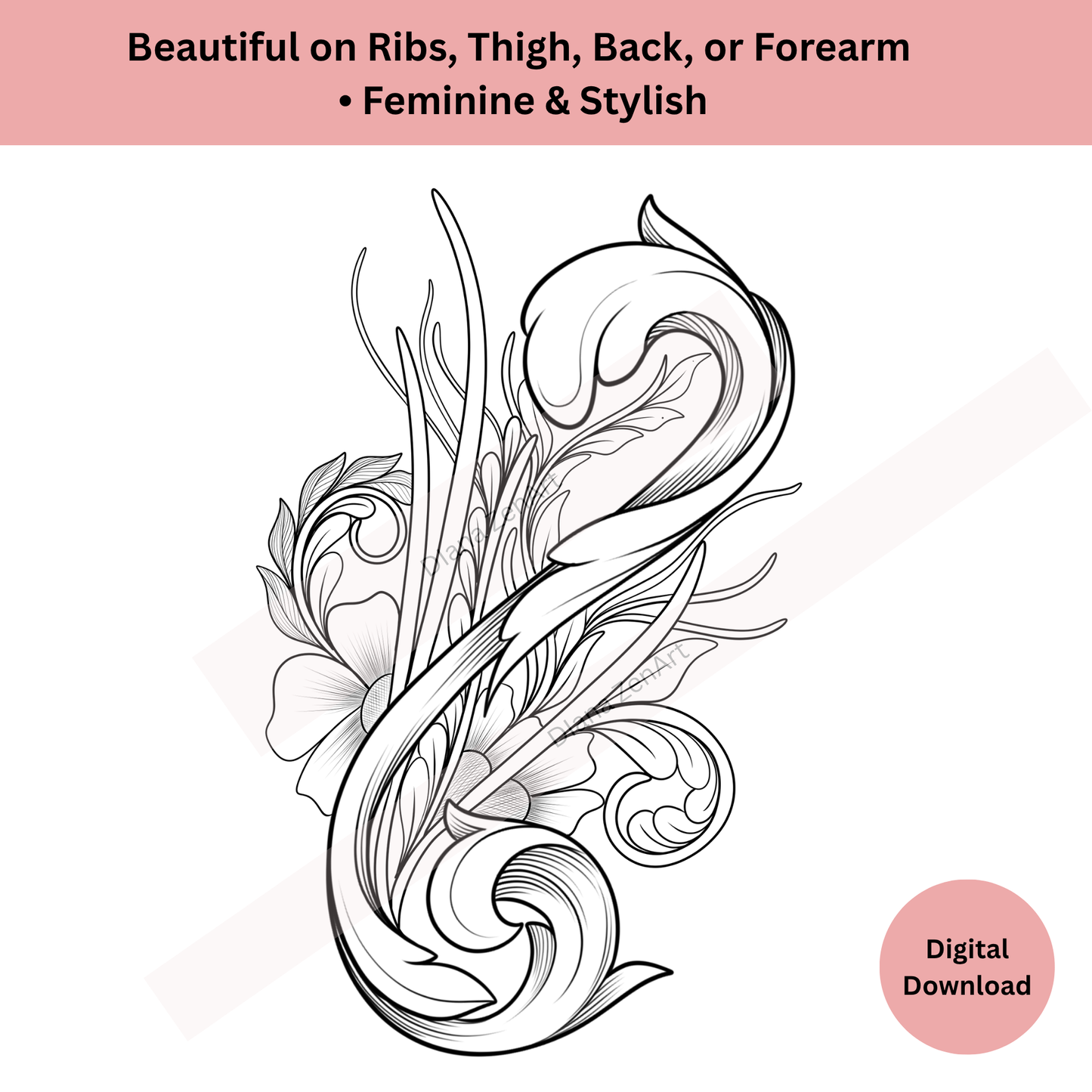Ornamental Floral Tattoo Design • Digital Download PNG • Line Art + Shaded • PDF Included
