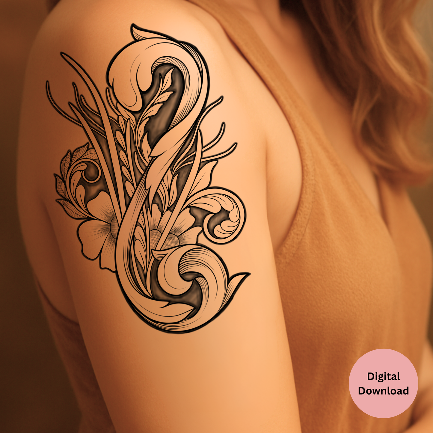 Ornamental Floral Tattoo Design • Digital Download PNG • Line Art + Shaded • PDF Included