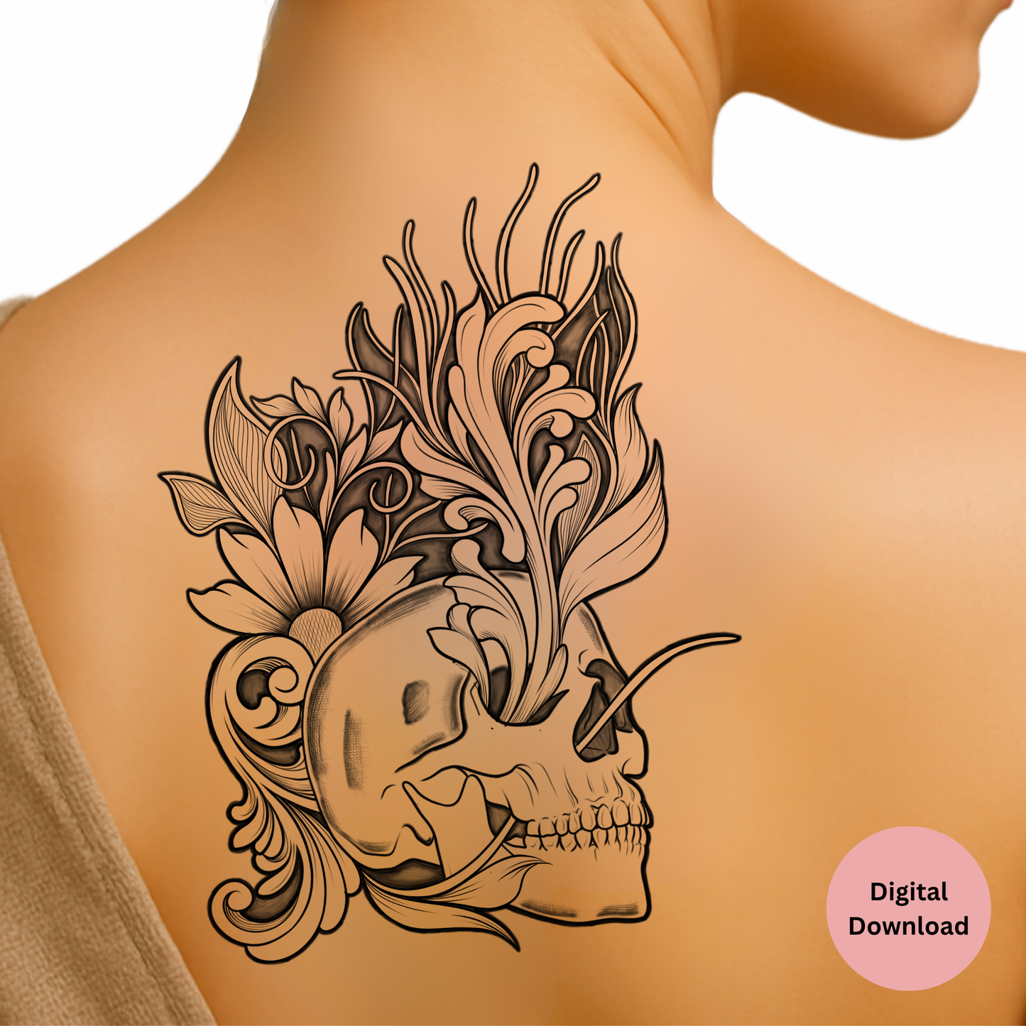 Skull Floral Tattoo Design • Ornamental Digital Tattoo • PNG Line Art