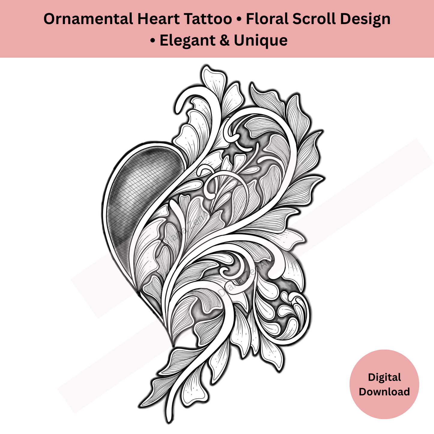 Ornamental Heart Tattoo Design • Elegant Floral Line Art & Shaded