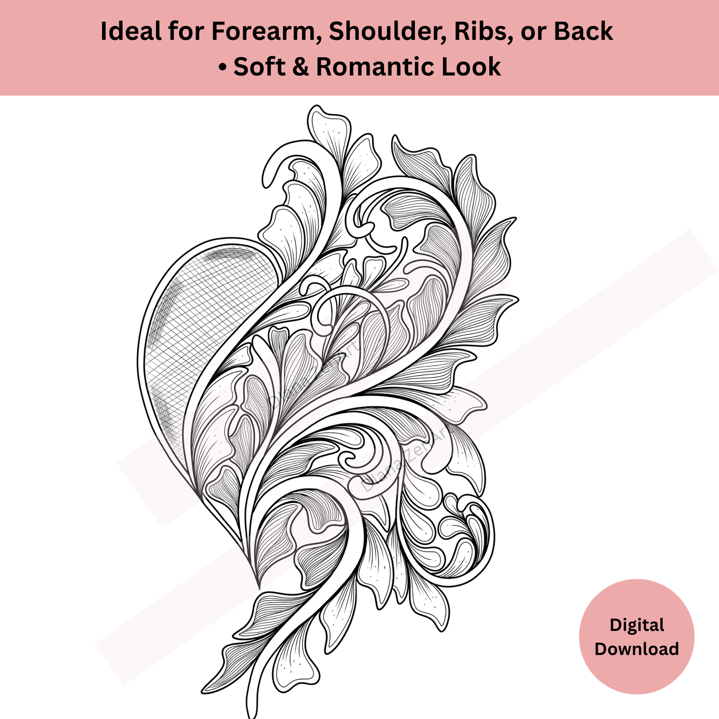 Ornamental Heart Tattoo Design • Elegant Floral Line Art & Shaded