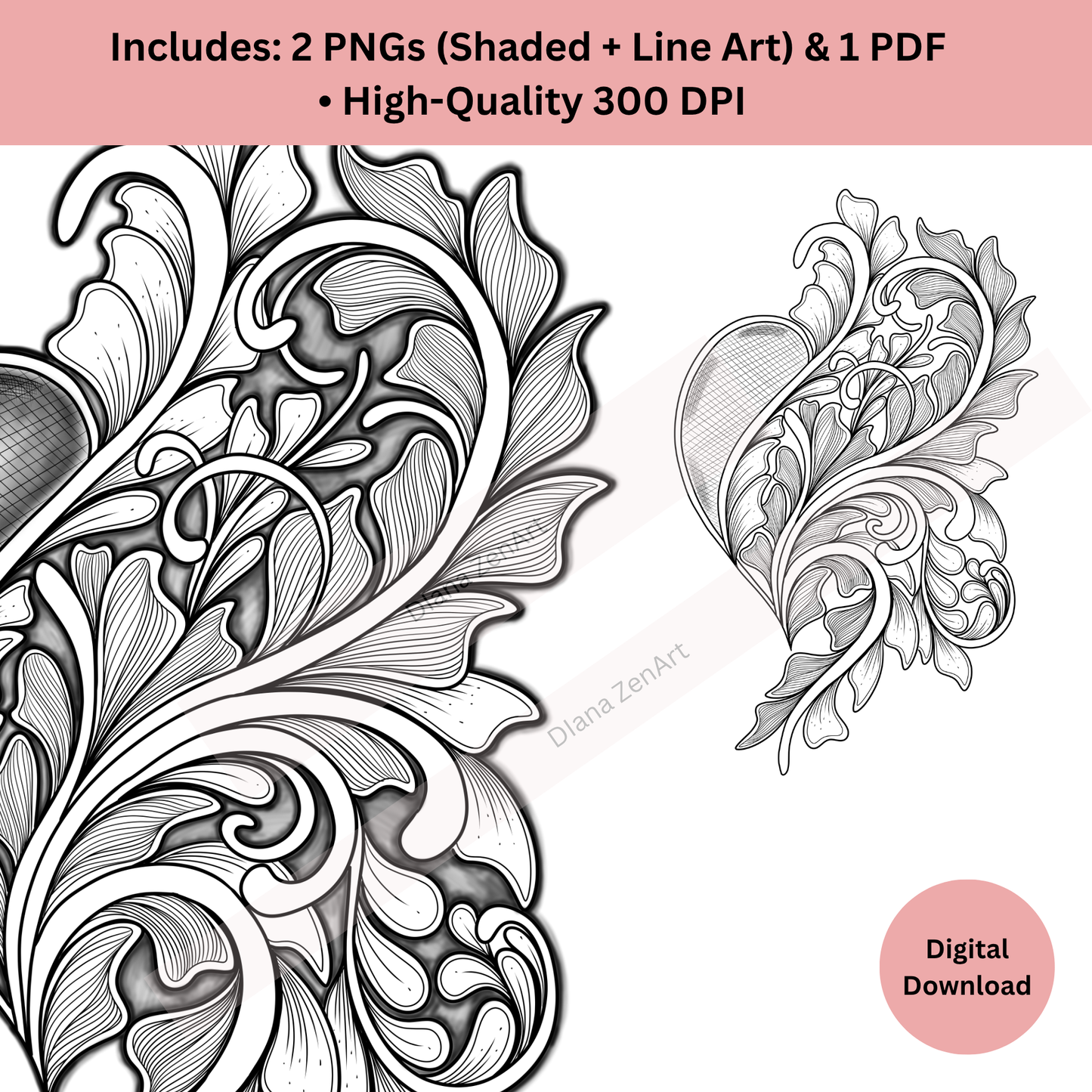 Ornamental Heart Tattoo Design • Elegant Floral Line Art & Shaded