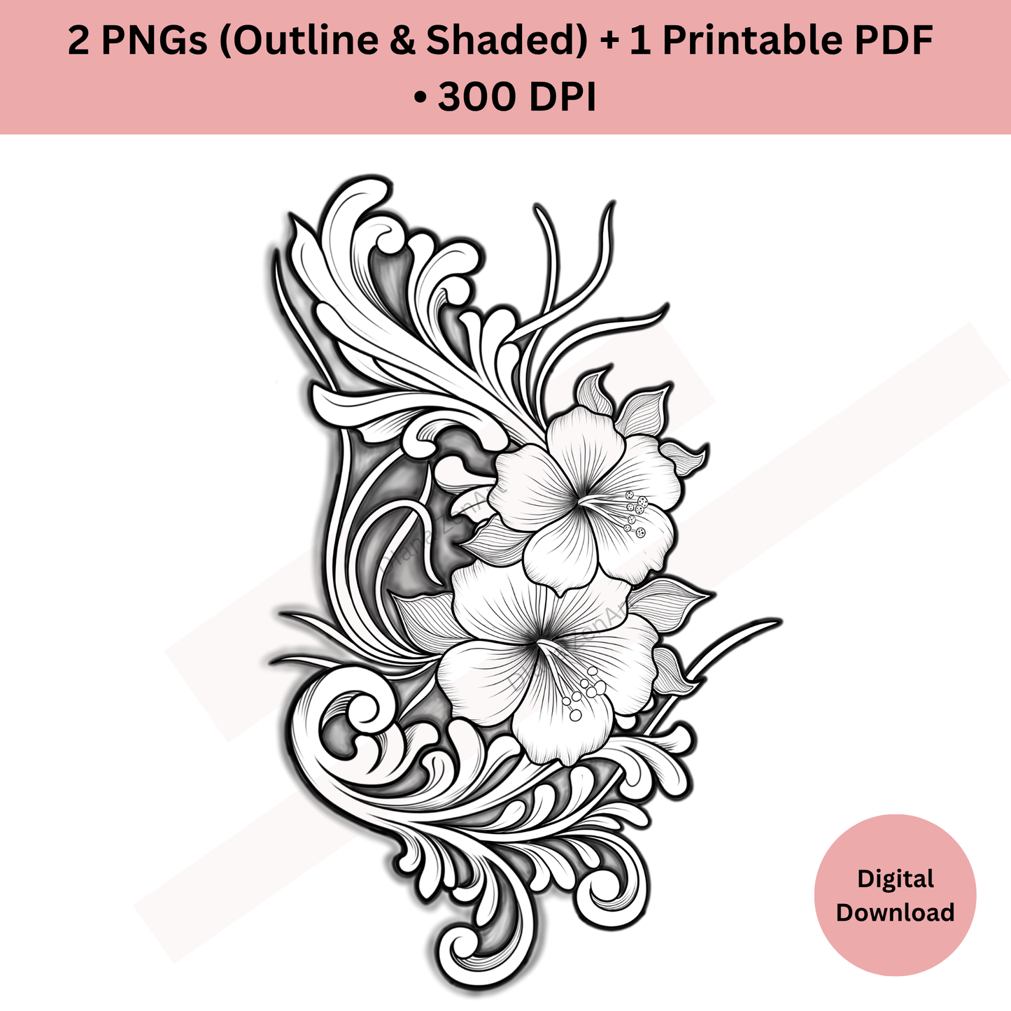 Hibiscus Floral Tattoo Design • Tropical Line Art & Shaded Version