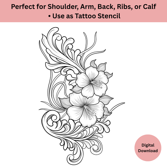 Hibiscus Floral Tattoo Design • Tropical Line Art & Shaded Version