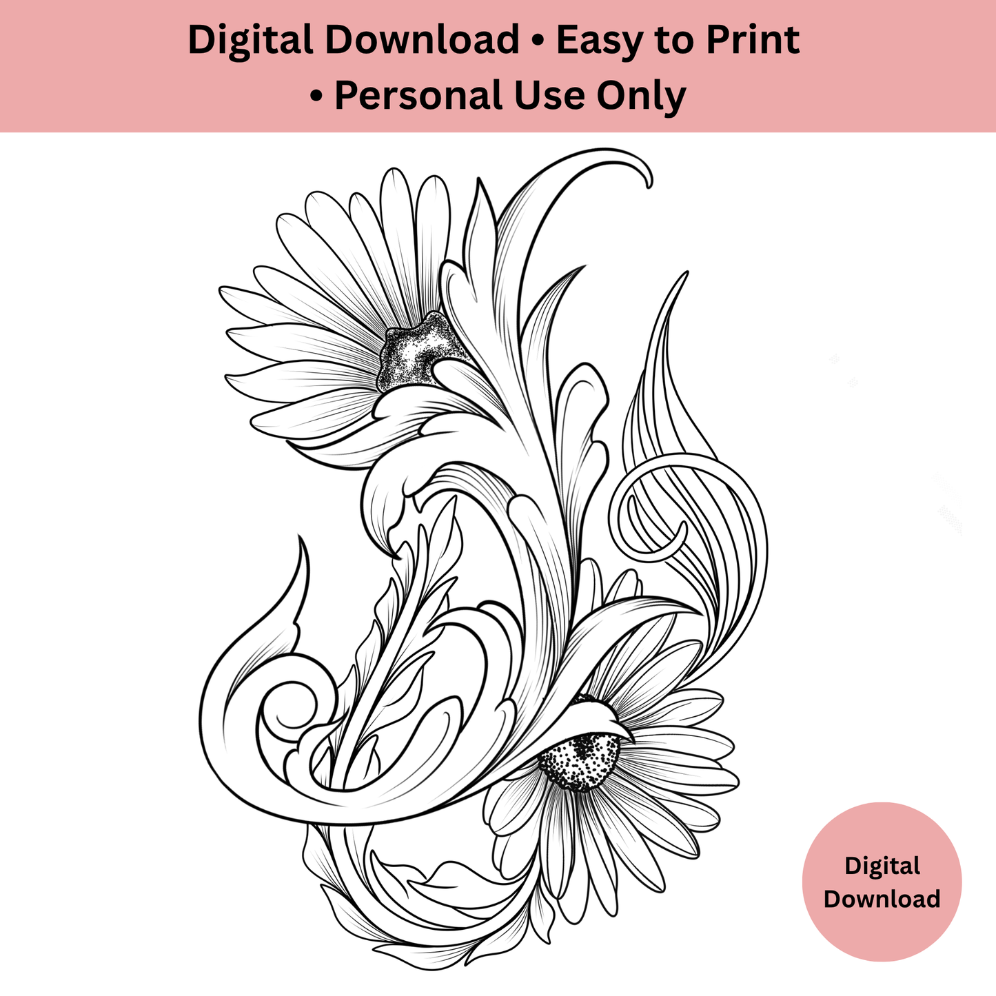 Daisy Flower Tattoo Design • Ornamental Line Art & Shaded Flash