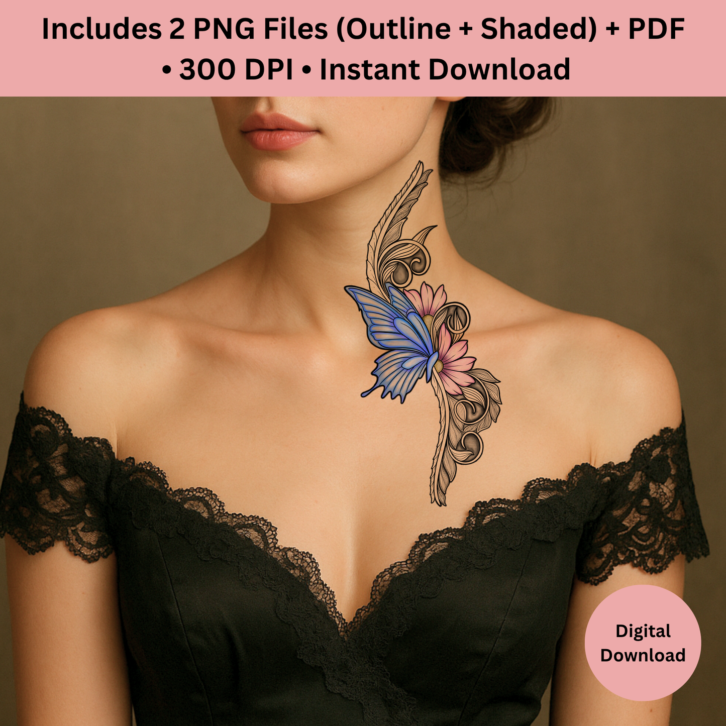 Butterfly and Daisy Tattoo Design • Vertical Ornamental Flash