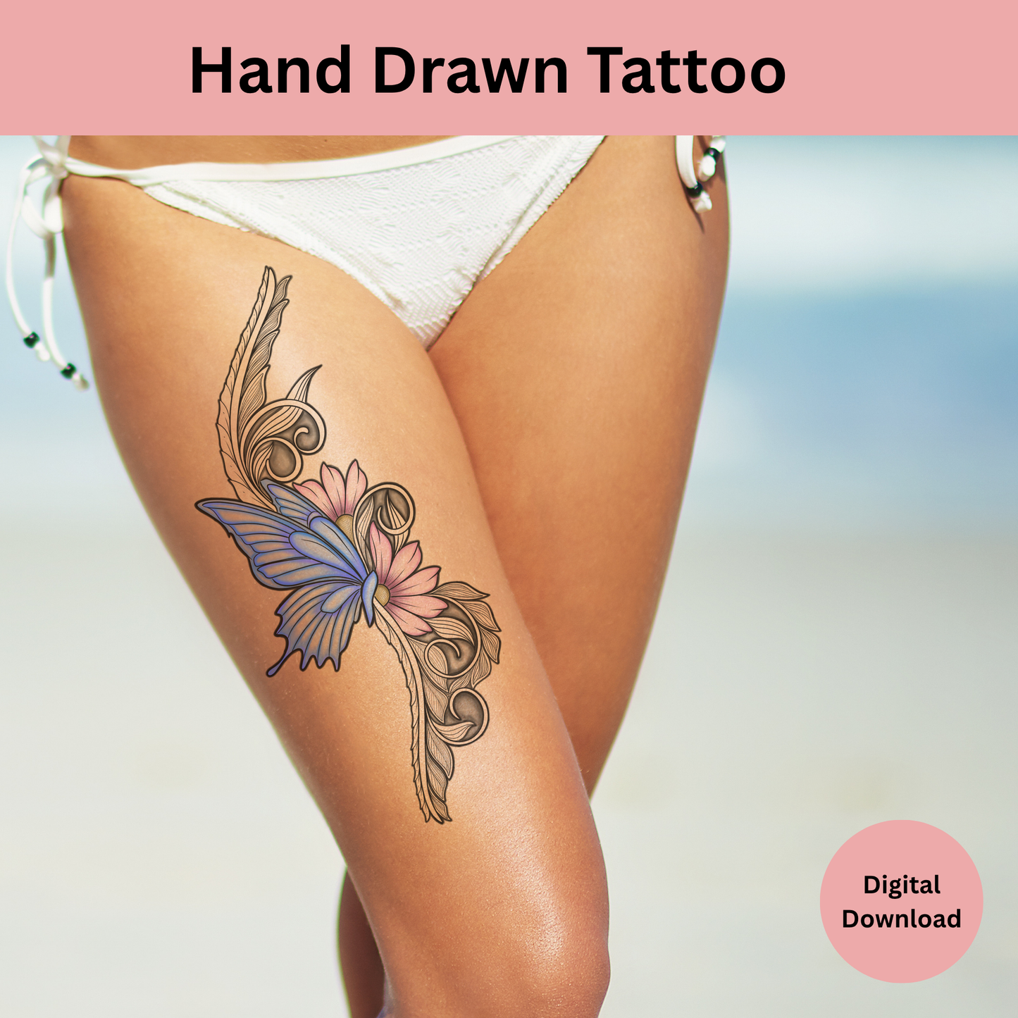 Butterfly and Daisy Tattoo Design • Vertical Ornamental Flash