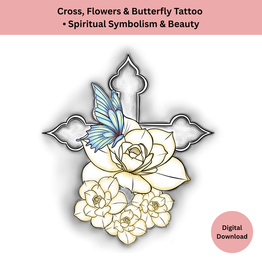 Cross with Flowers & Butterfly Tattoo • Digital Download