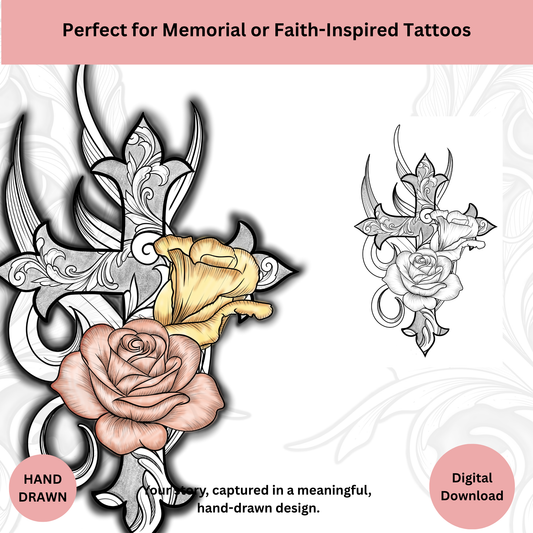 Cross Memorial Tattoo with Roses Birth Flower June
