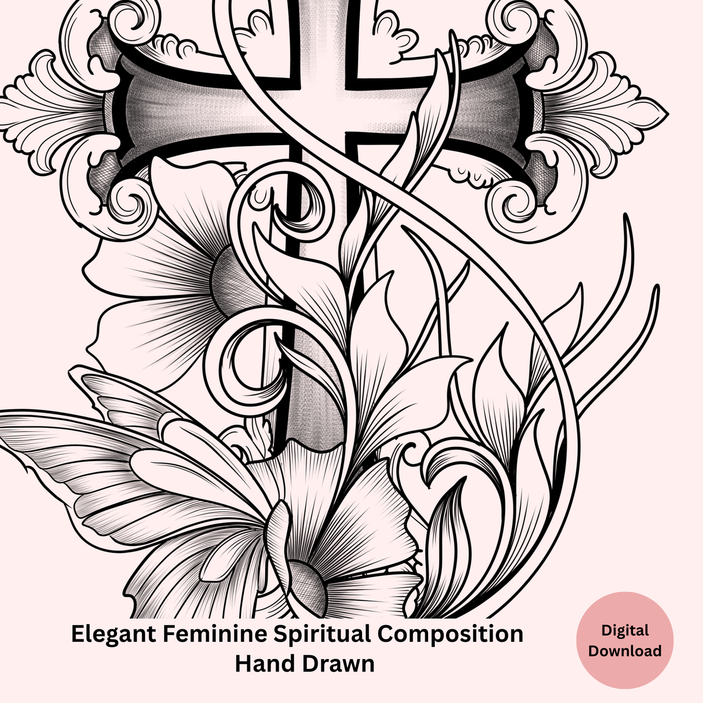 Hand-drawn design with floral elements and a butterfly on a white background,