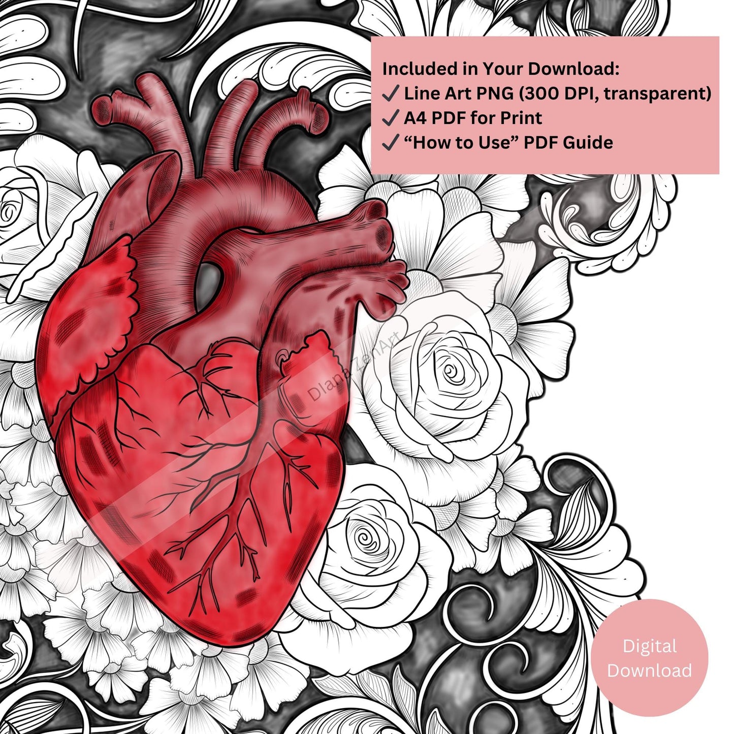 Anatomical Heart Tattoo Design with Flowers