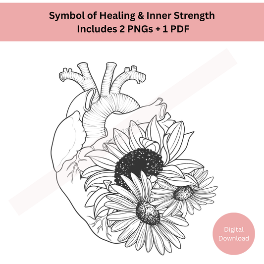 Detailed anatomical heart tattoo with floral elements in symbolic line art style