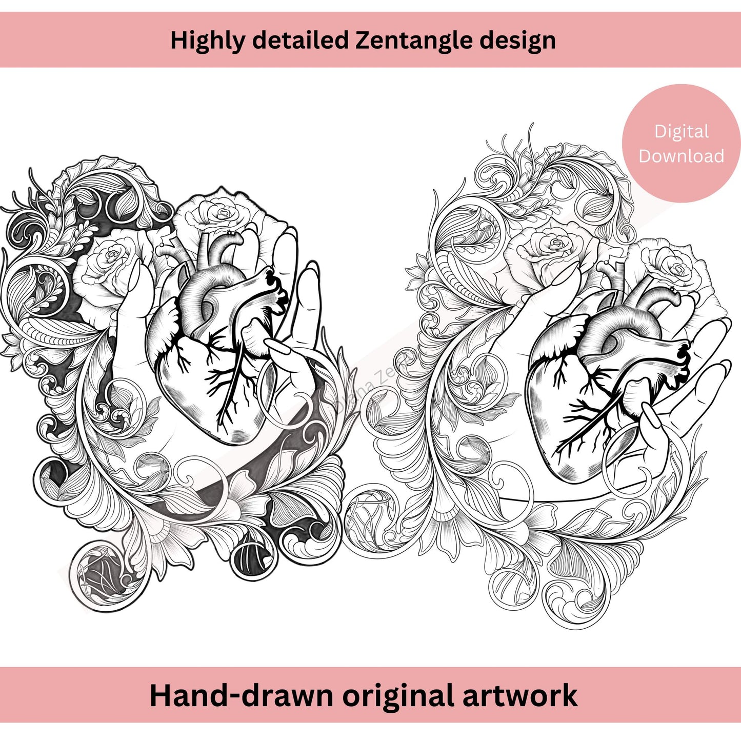 Anatomical heart held in hand tattoo design in raw realism line art style
