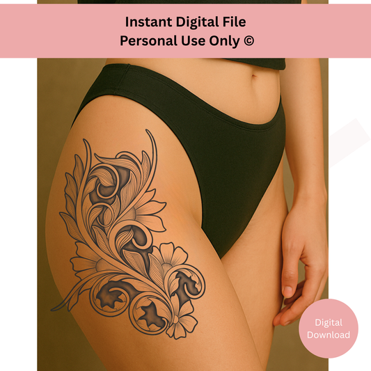 Floral arm sleeve tattoo design preview with elongated ornamental layout