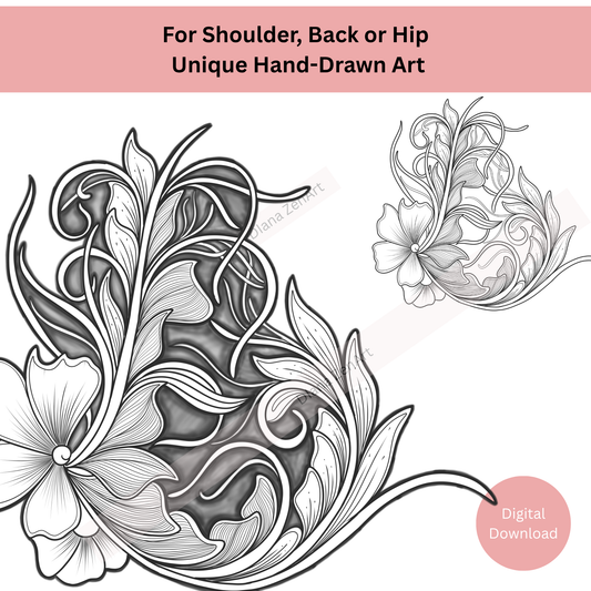 Line art botanical tattoo design showing ornamental detailing