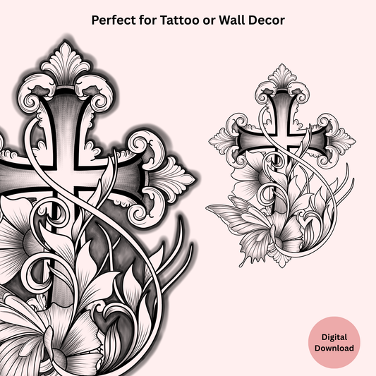 Decorative cross with floral elements on a white background, suitable for tattoo or wall decor.