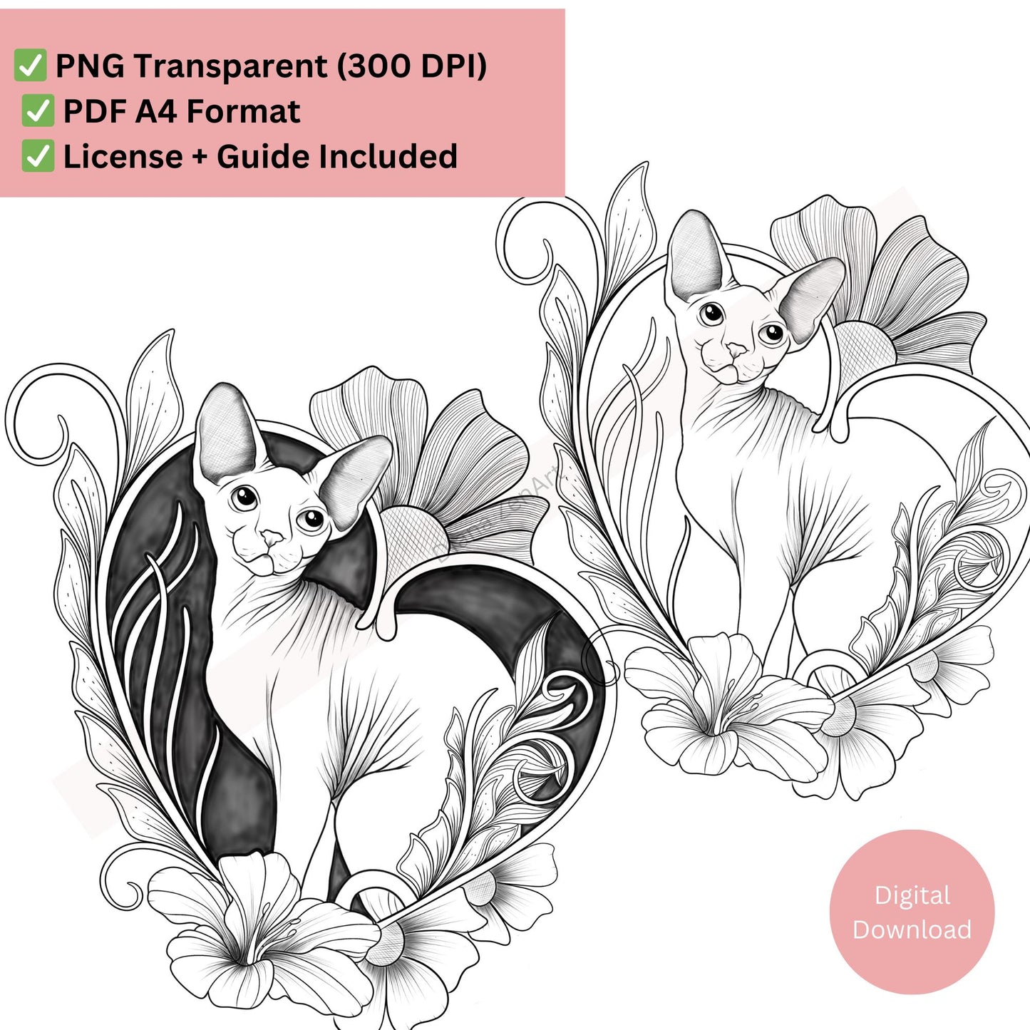Sphynx Cat Tattoo – Hand-drawn Floral Line Art