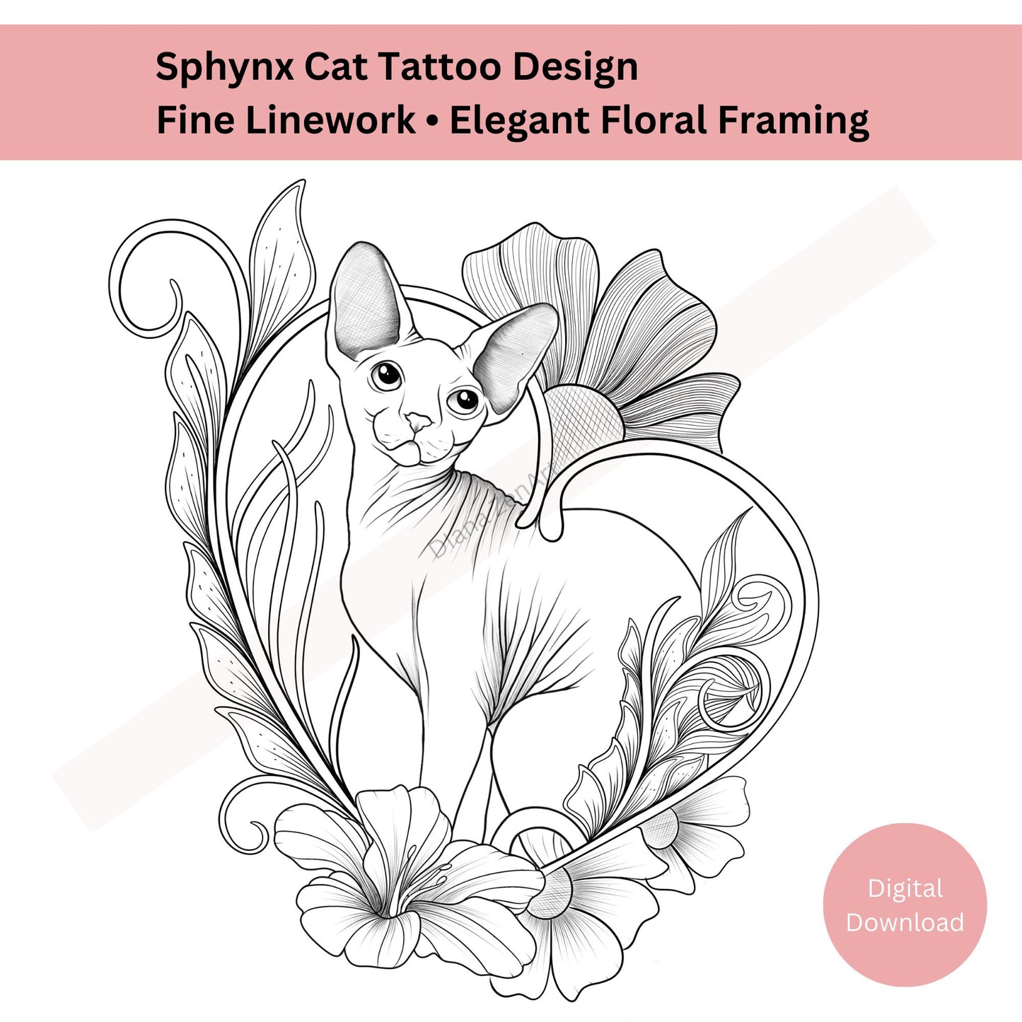 Sphynx Cat Tattoo – Hand-drawn Floral Line Art