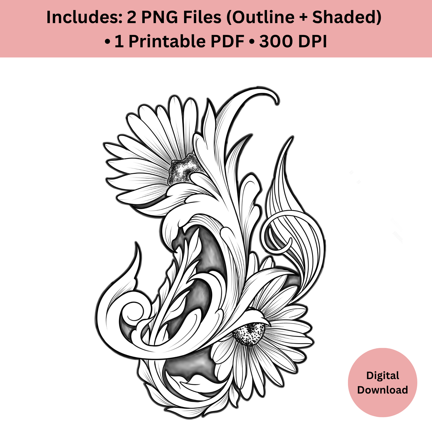 Digital daisy tattoo design available as high resolution ornamental tattoo flash