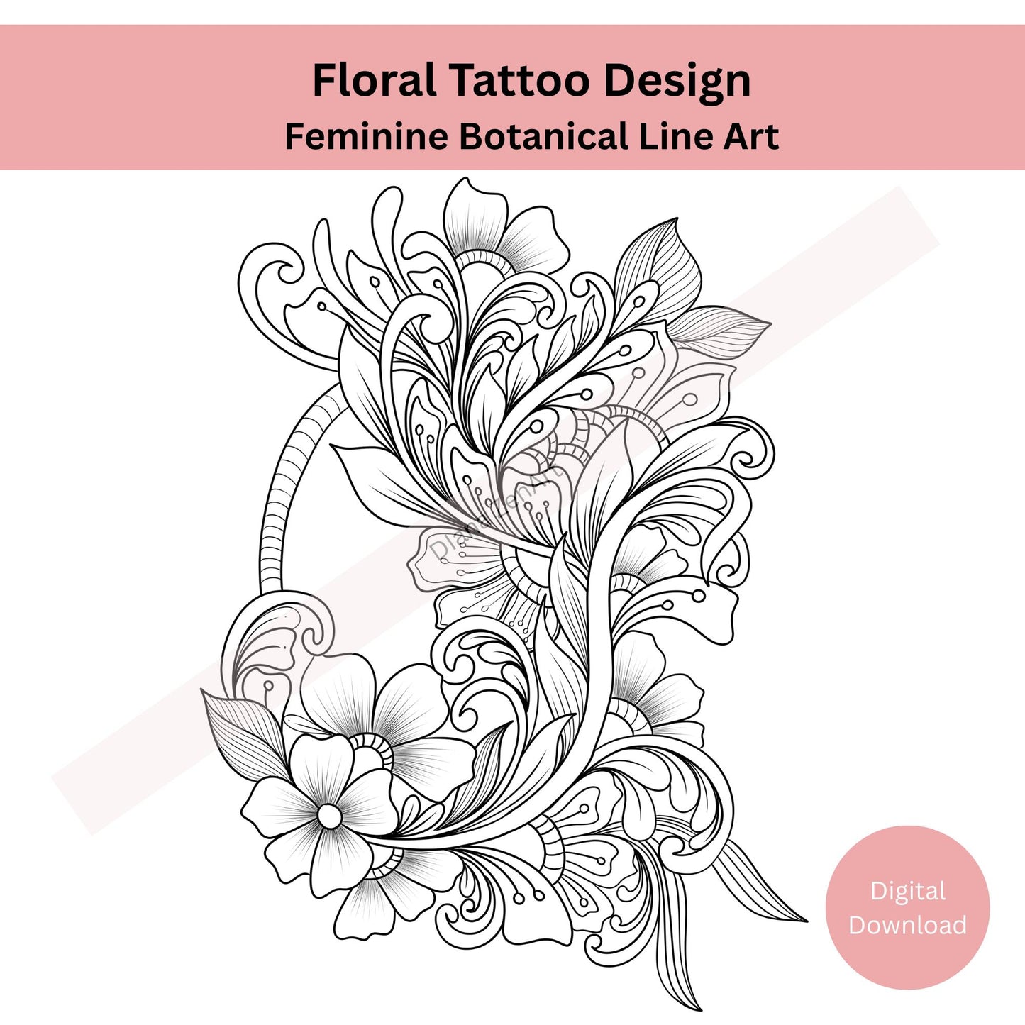 Feminine Botanical Line Art PNG PDF – Zentangle Style
