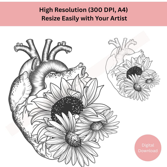 Anatomical Heart with Flowers Tattoo Hand Drawn