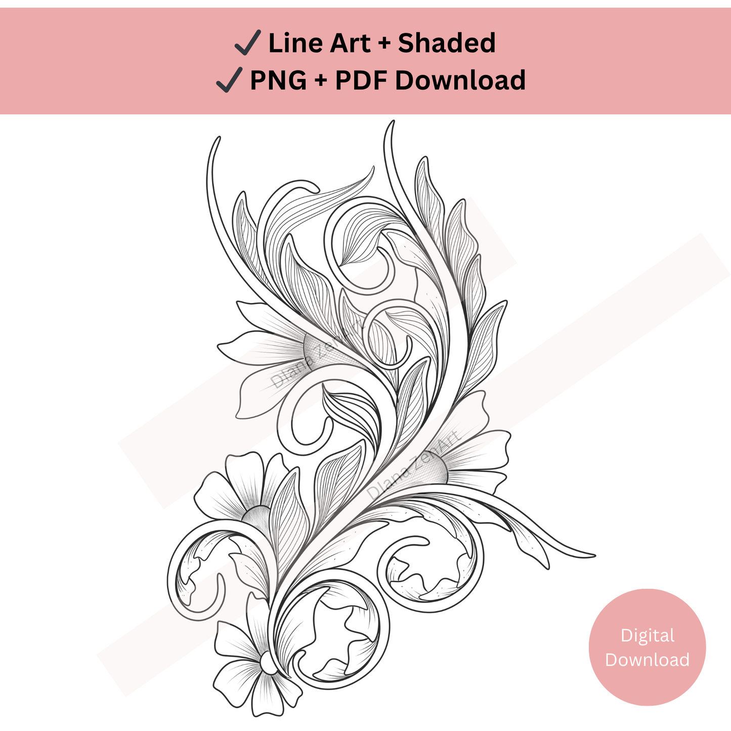 Line art floral sleeve tattoo design showing decorative detailing