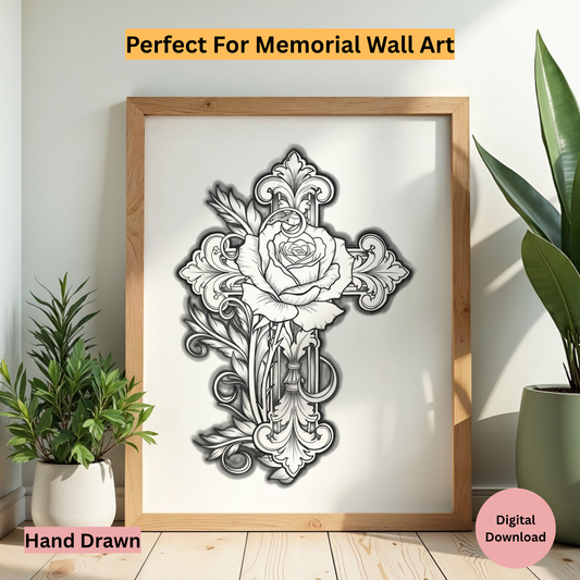 Decorative cross with floral elements in a wooden frame on a light background