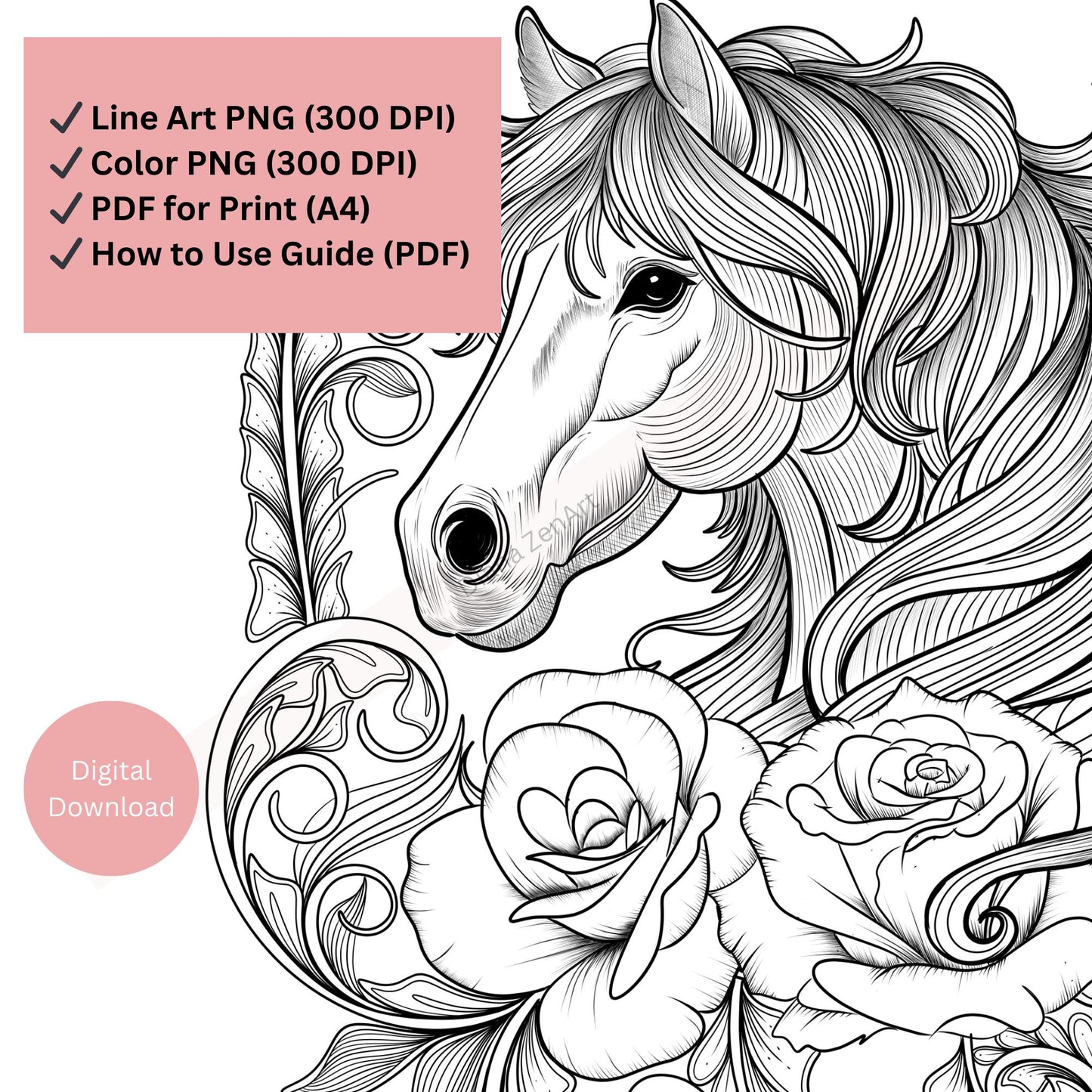 Digital horse and roses tattoo design available as high resolution download