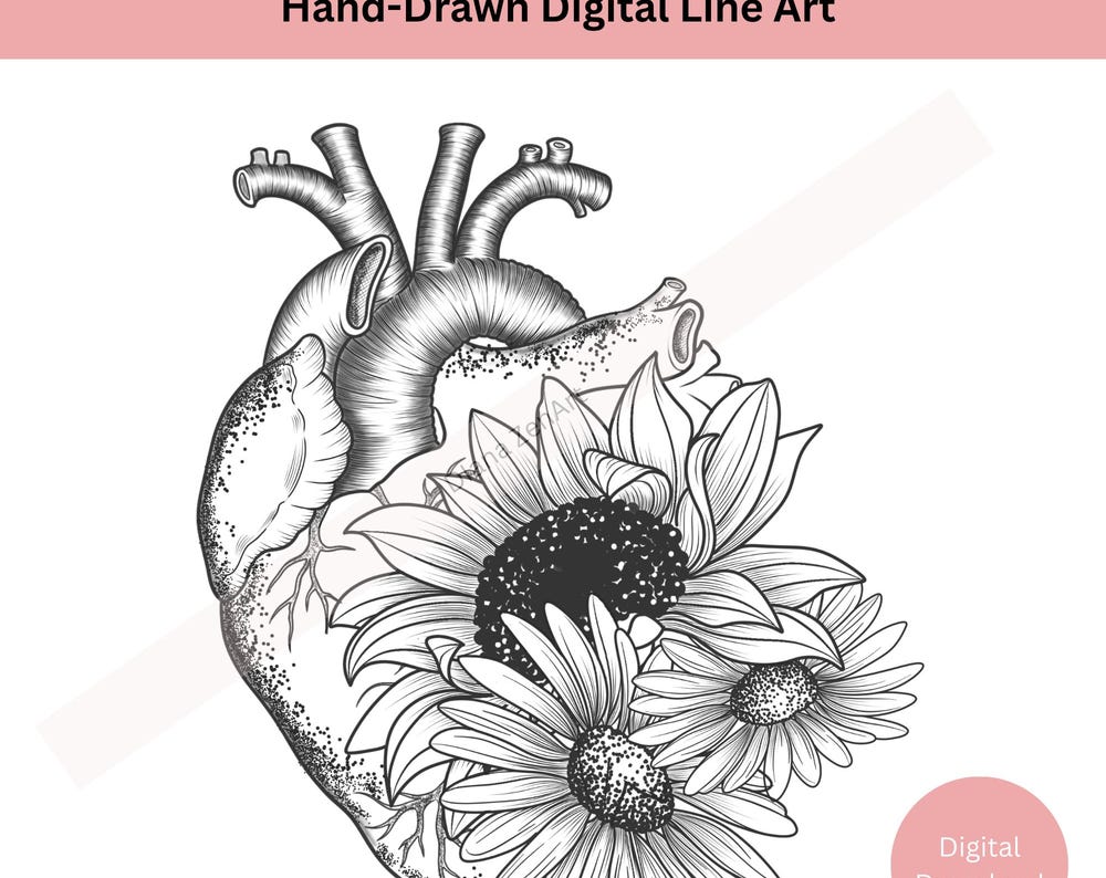 Anatomical Heart with Flowers Tattoo – Symbolic Line Art Design
