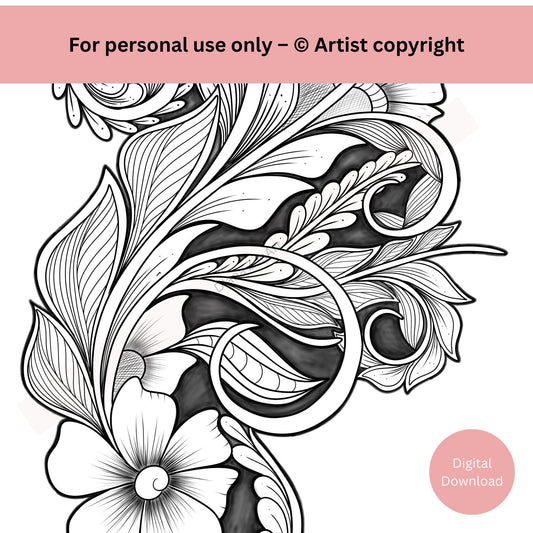 Close-up of ornamental floral tattoo showing refined decorative detail