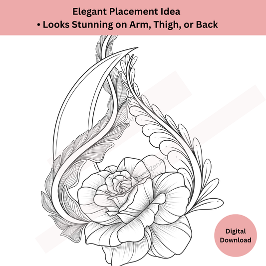 Ornamental rose tattoo design with integrated moon detail in line art style