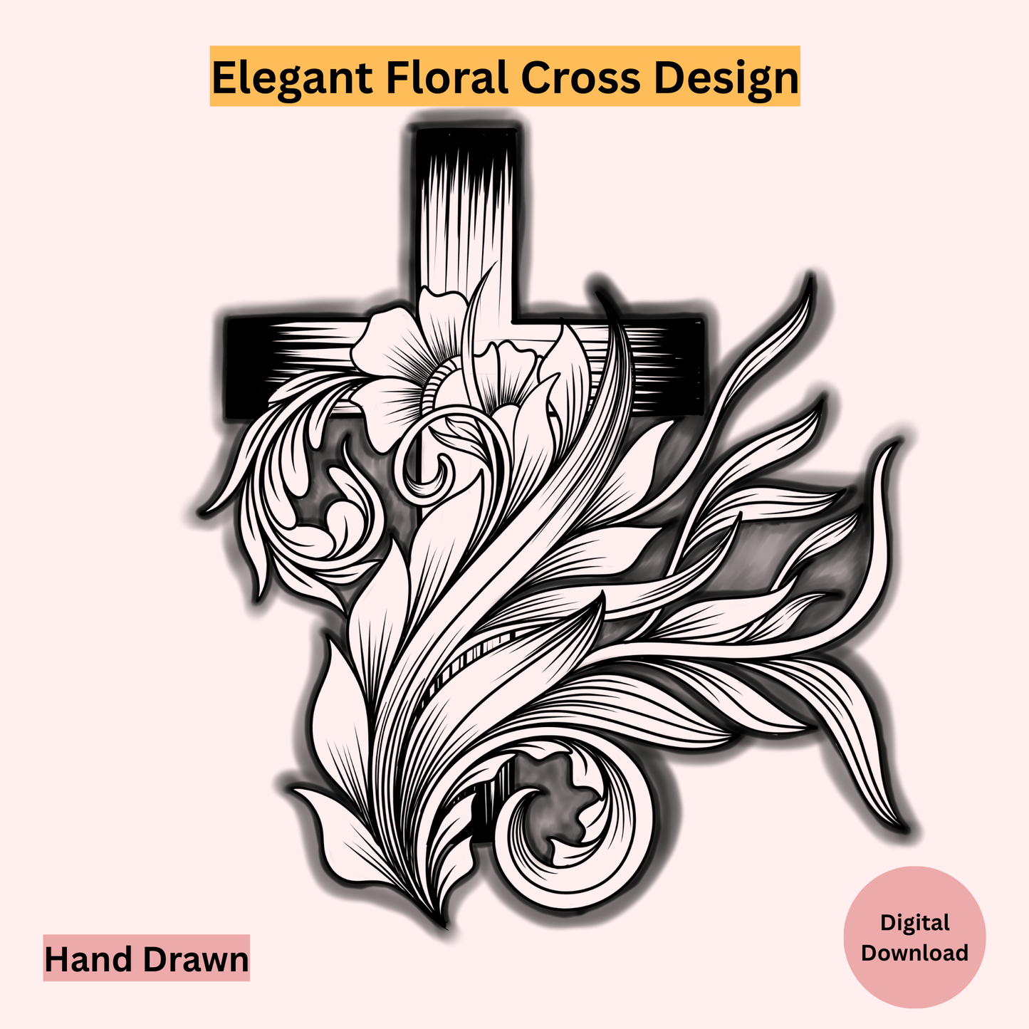 Elegant floral cross design with decorative elements on a light pink background
