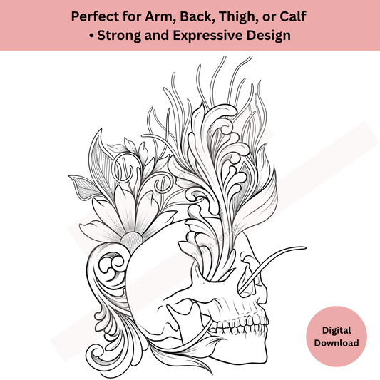 Skull floral tattoo design in ornamental line art digital tattoo style