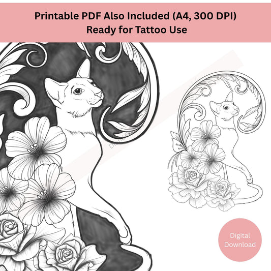 Close-up of sphynx cat tattoo line art showing refined ornamental detail