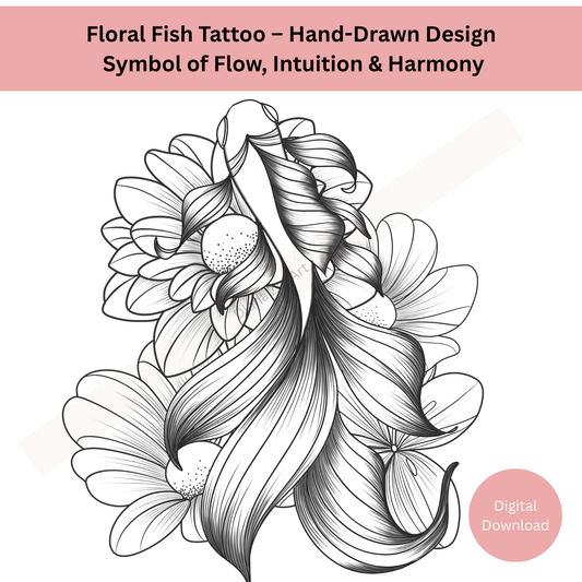 Symbolic floral fish tattoo with flowing line art and organic details