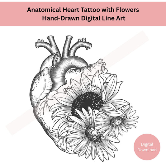 Anatomical Heart with Flowers Tattoo Hand Drawn