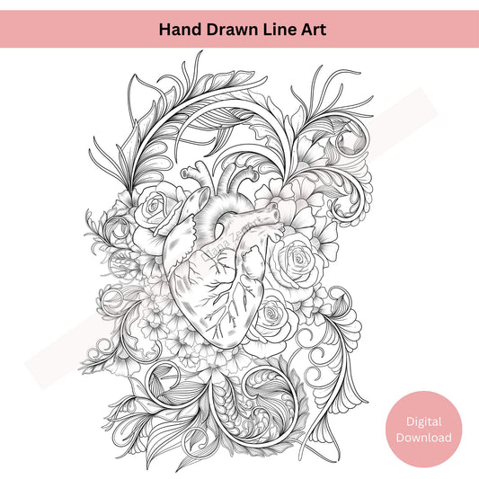Anatomical Heart Tattoo Design with Flowers