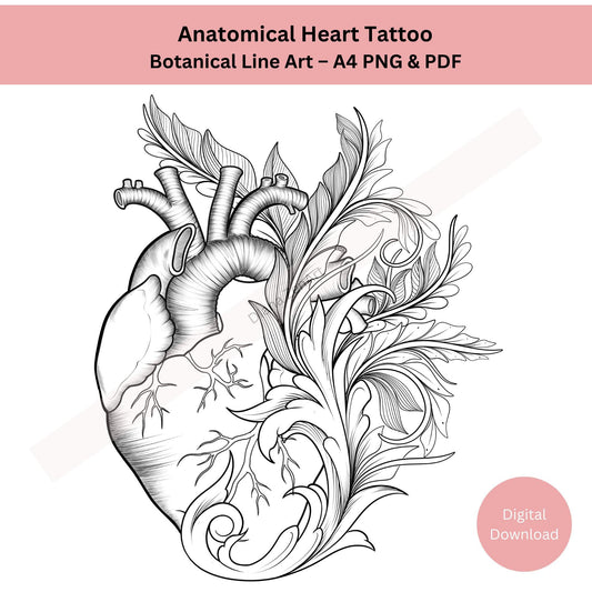 Anatomical Heart Tattoo Design – Floral Line Art
