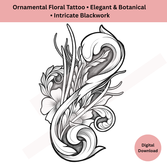 Ornamental Floral Tattoo Design • Digital Download PNG • Line Art + Shaded • PDF Included