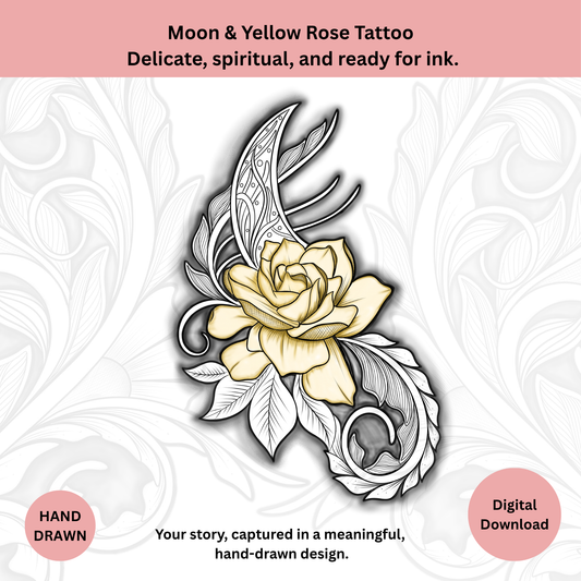 Moon and Yellow Rose Tattoo Design – Crescent Moon Floral Line Art