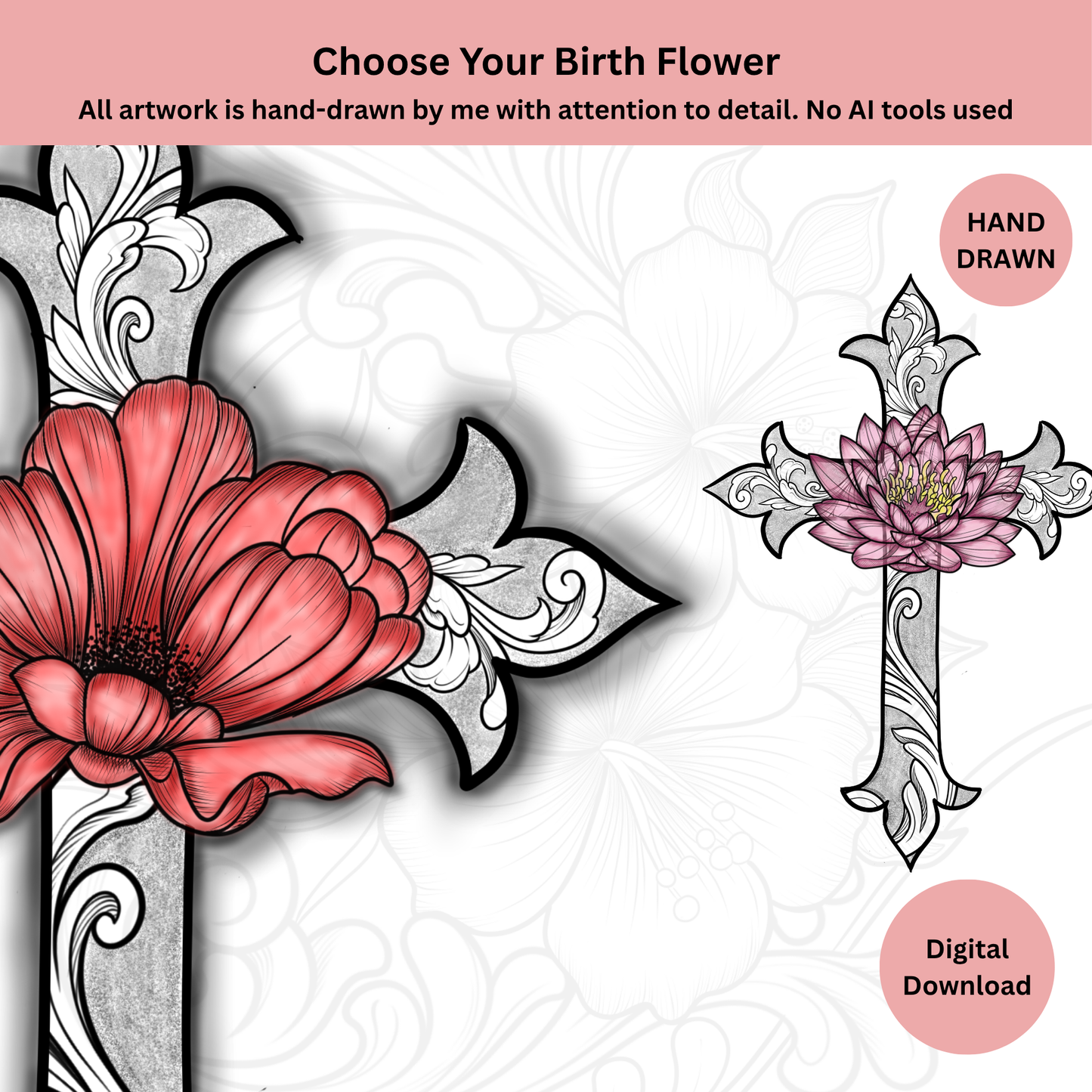 Custom Birth Flower Cross Tattoo Design – Digital Download (Delivered in 24h)
